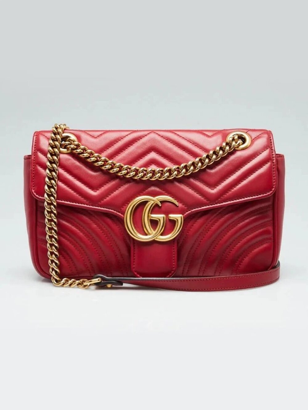 Gucci Red Quilted Calfskin Leather GG Marmont Small Matelasse Shoulder Bag